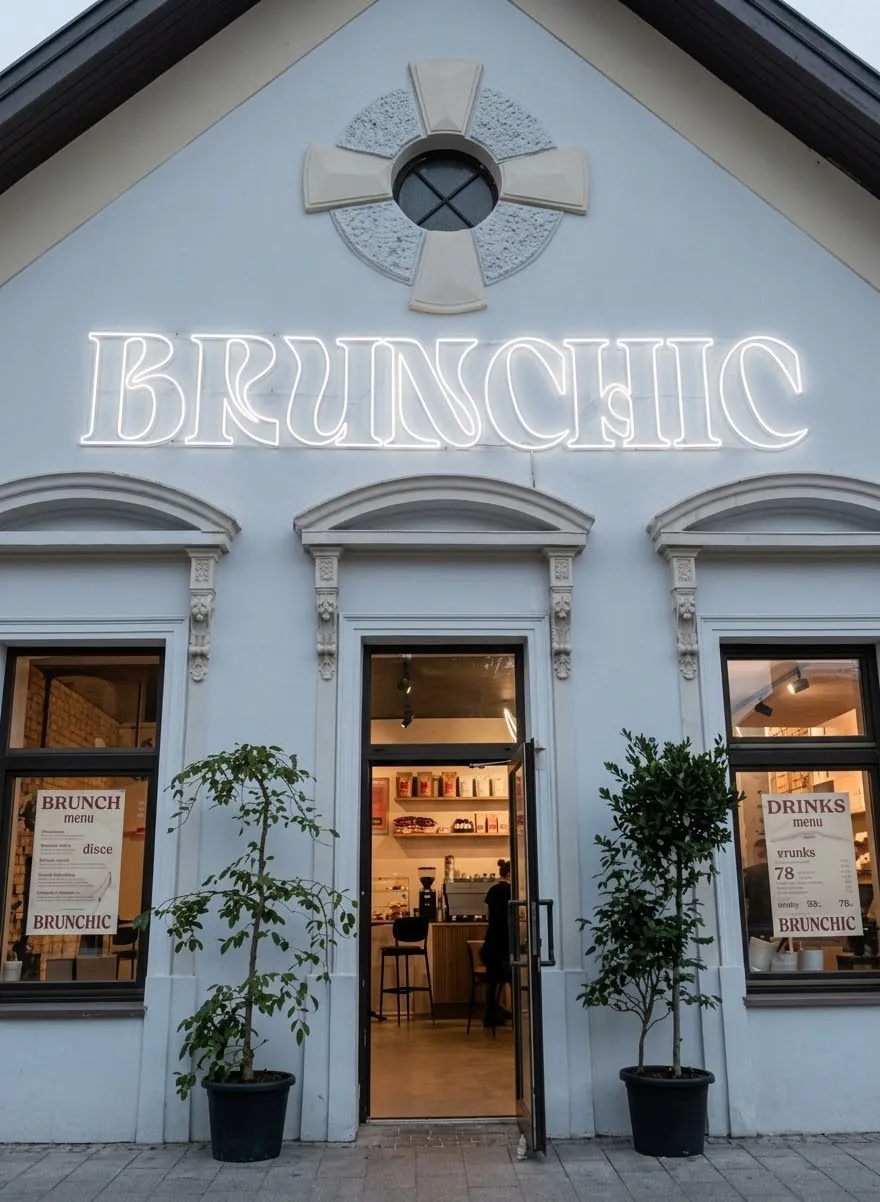 Weißer Neon-Schriftzug Brunchic an der Fassade eines Cafés – Projekt von Neonworld