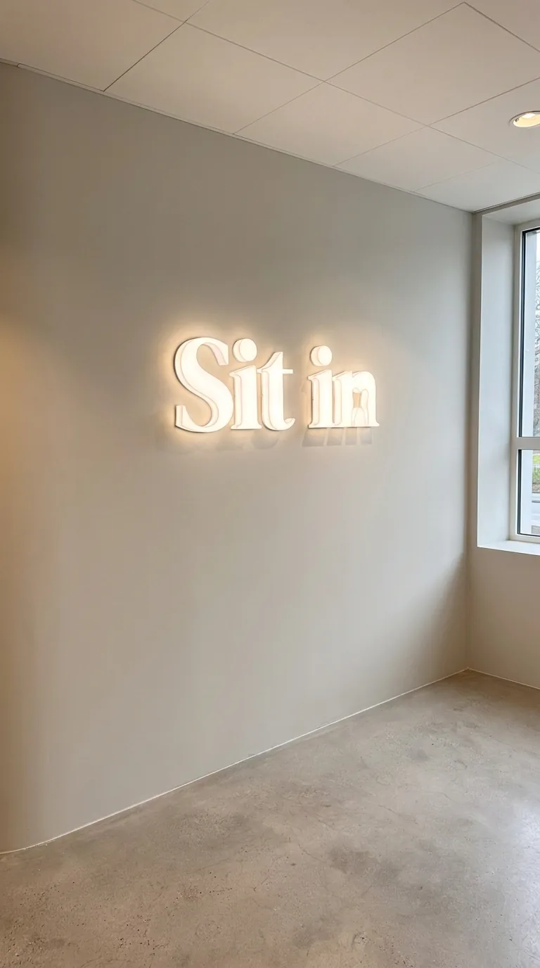 Hinterleuchteter Schriftzug Sit in an der Wand der Rezeption – Projekt von Neonworld